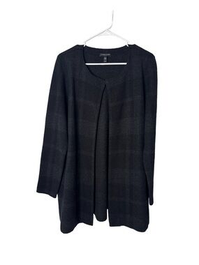 EILEEN FISHER Petite L Black Gray Plaid Open-Front Felted Merino Wool Cardigan